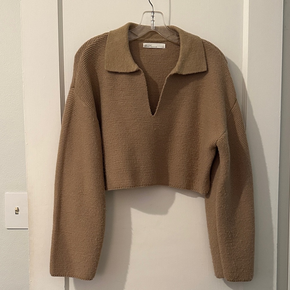 OAK + FORT Cropped Knit Polo Sweater in Camel